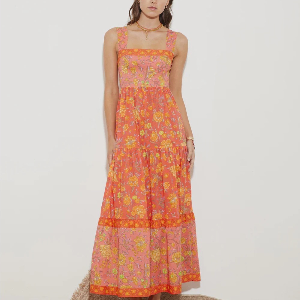 Boteh Free people Orange and Pink Sleeveless Square Neck Sundress